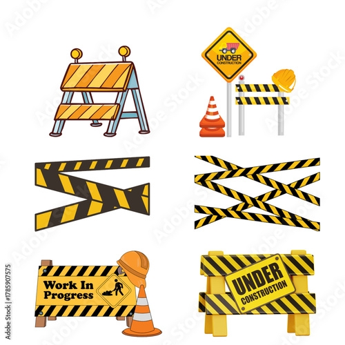 Realistic yellow construction barrier icons with caution tape, cones, and warning boards for safety design themes.