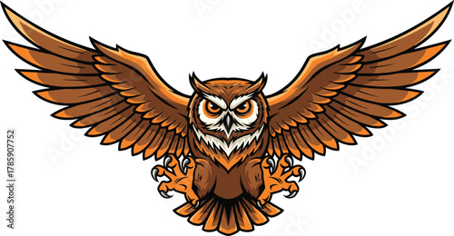 Aggressive flying owl illustration with open wings, fierce bird of prey mascot, powerful wildlife design, detailed vector art, isolated graphic