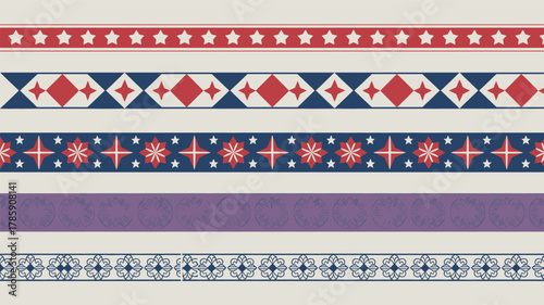 Collection of five distinct decorative borders and trims featuring intricate patterns and vibrant colors in a silhouette style