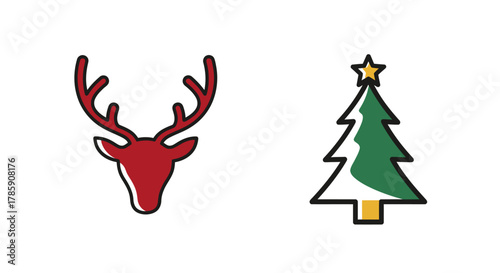 Festive red reindeer silhouette and stylized green Christmas tree with star topper on white background