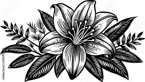 Very beautiful black-and-white engraved vector illustration of a lily flower, with wild spring leaves and wildflowers, isolated on a white background, showcasing detailed botanical and floral elements