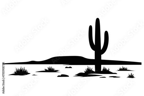 Silhouette of a desert scene featuring a cactus, mountains, and sparse vegetation under the sun