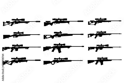 A comprehensive collection of various sniper rifle silhouettes, representing different models of high-powered firearms for tactical military and marksman concepts