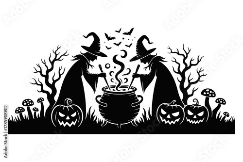 Halloween witches brewing potions in a cauldron with spooky pumpkins and bats in a forest setting
