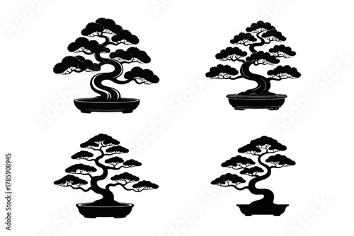 A collection of four elegant black silhouettes of Japanese bonsai trees in traditional pots, representing Zen, nature, and horticulture artistry