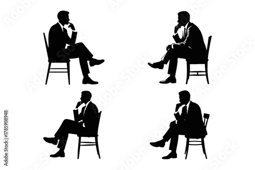 Four Silhouetted Business Professionals in Deep Thought, Seated on Chairs, Contemplating Decisions
