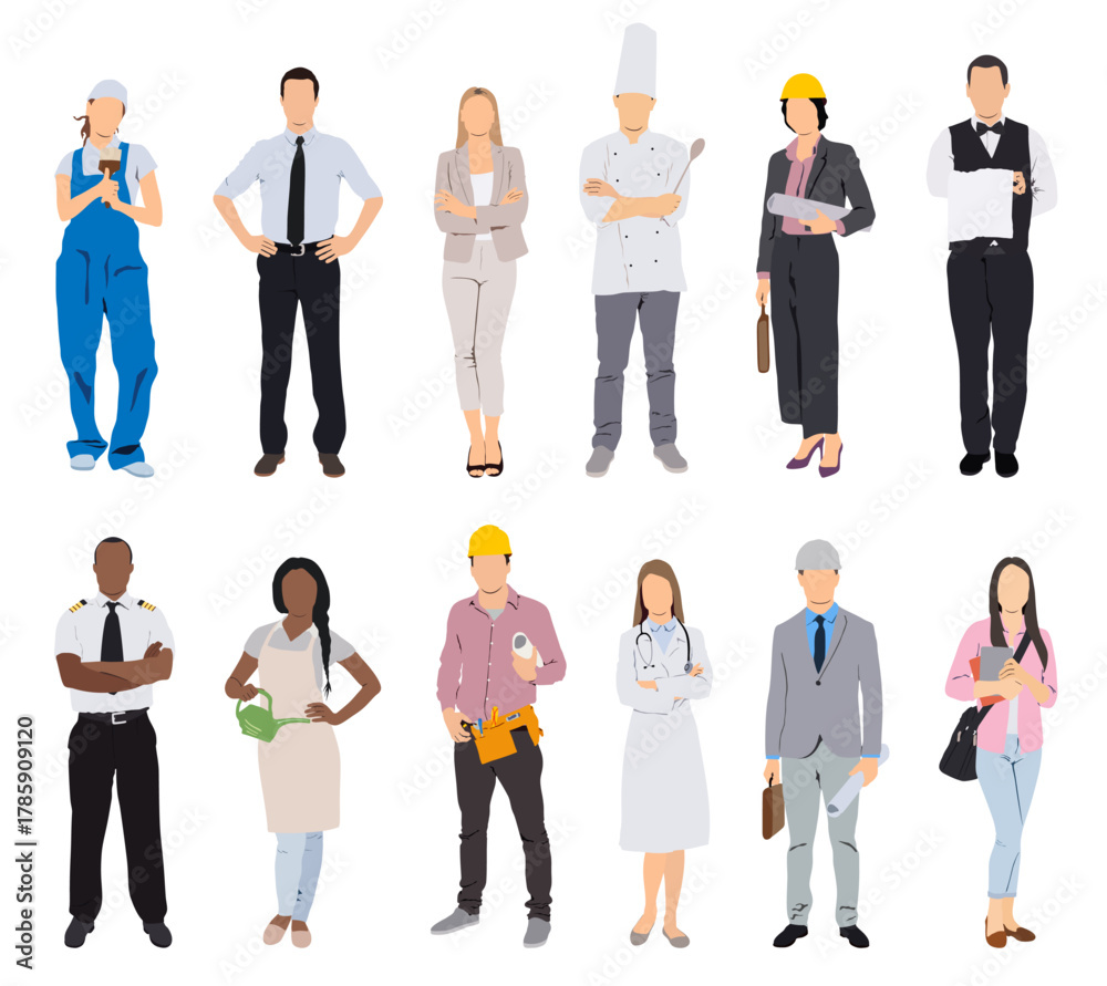 Obraz premium Diverse professions vector illustration. Collection of cartoon characters representing various occupations
