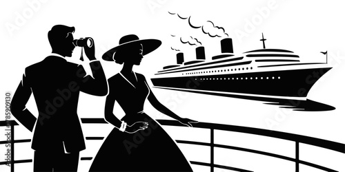 Elegant couple gazes at a grand cruise ship sailing on the horizon, embodying luxurious vintage travel and sophisticated adventure on the open sea