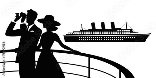 Silhouette of a romantic couple on a ship's deck, embarking on a luxurious sea journey aboard a vintage ocean liner