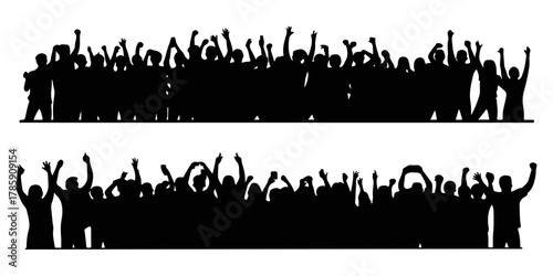 Vector illustration set of two black crowd silhouettes with people cheering and raising their hands in celebration at a festival or concert