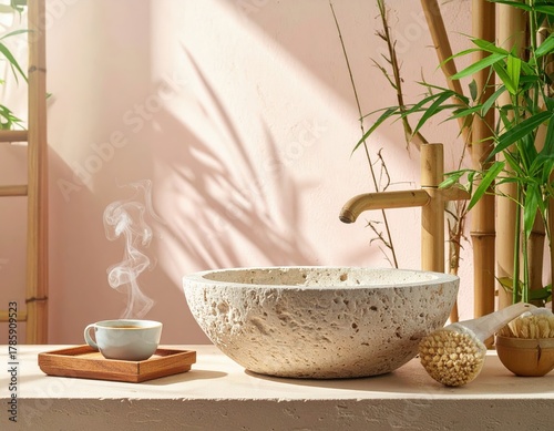 Serene Spa Scene: Steaming Tea, Bamboo Tap, and Textured Stone Basin