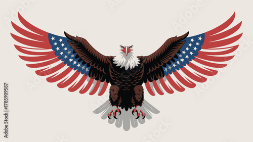 Majestic bald eagle with american flag wings spread wide in a powerful silhouette against a neutral background