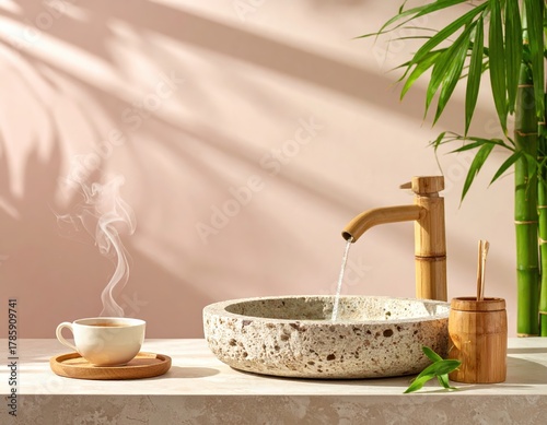 Serene spa scene with bamboo faucet, stone sink, steaming tea, and leaf shadows