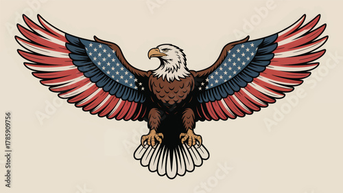 Majestic american bald eagle with wings spread wide displaying the stars and stripes flag pattern silhouette