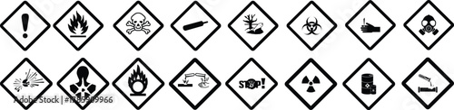 GHS pictograms. Warning Hazard Hazardous Danger Dangerous Icon set. Explosive Flammable Oxidizing Compressed Gas Corrosive Toxic Harmful Corrosive Environmentally Unsafe Vector Symbols
