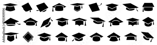 Graduation cap icon collection in clean black silhouette style. Education and academic symbols for school, learning, and success themes