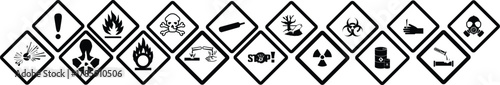 GHS pictograms. Warning Hazard Hazardous Danger Dangerous Icon set. Explosive Flammable Oxidizing Compressed Gas Corrosive Toxic Harmful Corrosive Environmentally Unsafe Vector Symbols