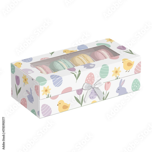 Easter macarons in a decorative box with easter themed patterns and a window, tied with a ribbon