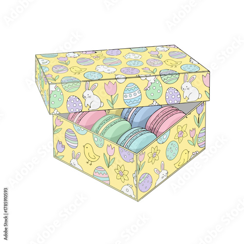 Easter macarons in a decorative box with easter themed patterns, including bunnies, chicks, and eggs