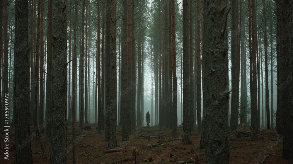 Obraz premium Mysterious figure walking through a foggy forest on a quiet afternoon
