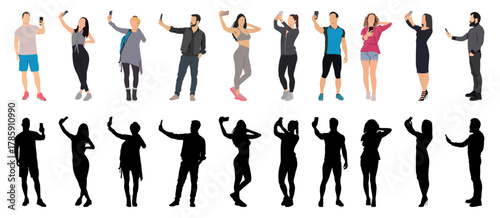 People using phones and taking selfies in various poses vector silhouette illustrtaion