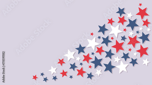 A dynamic cascade of red white and blue stars forming a patriotic abstract pattern with a subtle silhouette effect