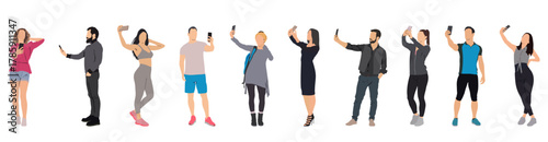 People using phones and taking selfies in various poses vector illustrtaion