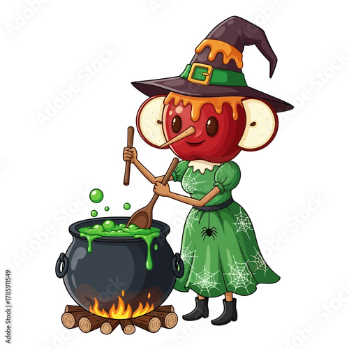 Apple witch brews potion, a whimsical halloween illustration featuring a witch with an apple head stirring a bubbling cauldron