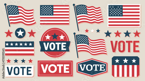 Collection of american flag elements and vote symbols in a patriotic silhouette design for election campaigns and national pride silhouette
