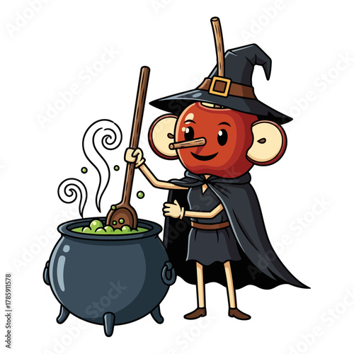 Apple witch brews potion, a whimsical halloween illustration featuring a witch with an apple head stirring a bubbling cauldron