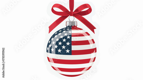 A patriotic christmas ornament featuring the american flag design hanging from a red ribbon and bow isolated on a white background silhouette