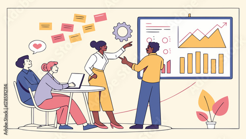 Team discussing business strategy with charts and graphs on whiteboard