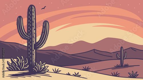 Illustration of desert landscape with cactus and mountains at sunset time