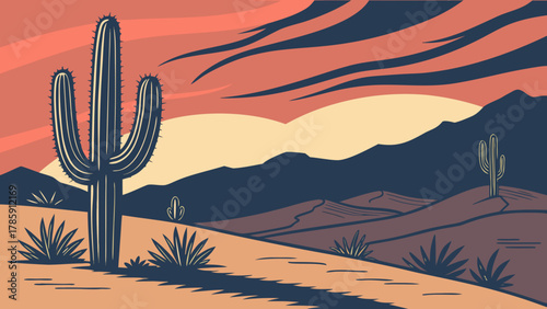 Illustration of desert landscape with cactus and mountains at sunset time