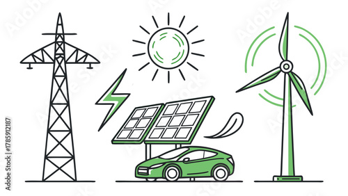 Sustainable energy sources including solar panels, wind turbine, and power line