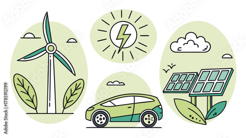 Renewable energy sources with wind turbine, solar panels, and electric car design