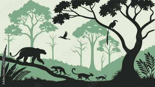 Silhouette of wildlife in jungle with trees, panther, birds and other animals