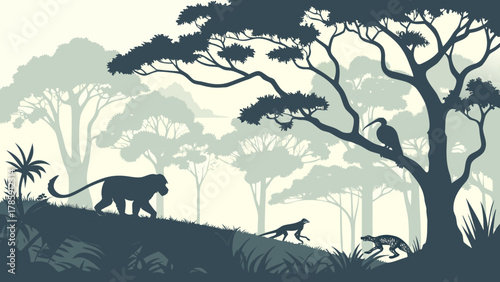 Silhouette of a lion, bird, and other animals in a forest landscape