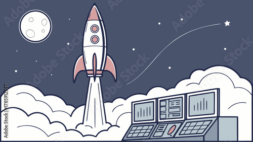 Illustration of a rocket launching into space with control panel view