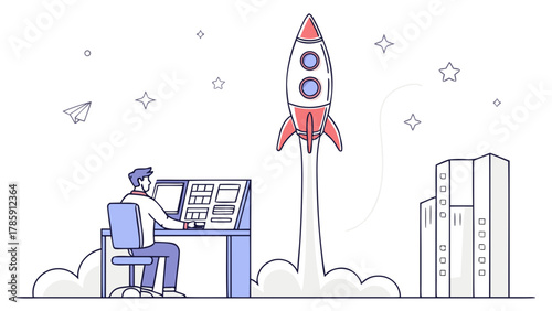 Illustration of a rocket launch with a person at the control panel view