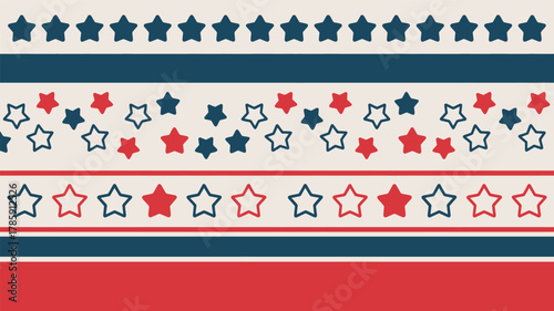 Seamless patriotic star pattern with red white and blue stripes and stars in a repeating decorative border silhouette