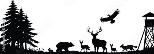 Forest wildlife silhouette, black nature scene, animal shapes, pine tree landscape, hunting tower graphic, vector design, outdoor illustration set