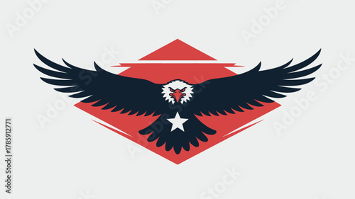Majestic bald eagle in silhouette spreading wings over red diamond emblem symbolizing freedom and patriotism silhouette