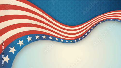 Waving american flag design with stars and stripes creating a patriotic background silhouette