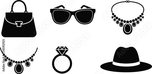 Elegant fashion accessories vector illustration with handbag, sunglasses, diamond ring, necklace, and hat, luxury women style design in black silhouette