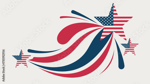 Abstract patriotic explosion of red white and blue stripes and stars in a dynamic silhouette for american celebrations