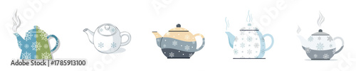 Winter Teapot Flat Design Snowflake Collection Modern Minimalist Hot Drink Set