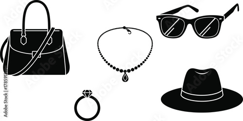 Elegant fashion accessories vector illustration with handbag, sunglasses, hat, necklace, and diamond ring, stylish black silhouette design for fashion and boutique themes