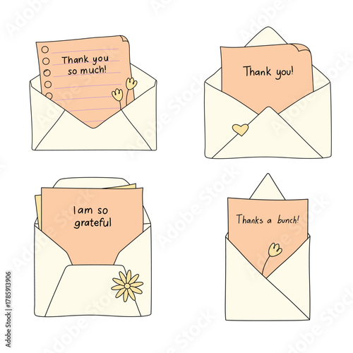 Beautiful pastel envelopes with thank-you messages and floral accents, perfect for greeting cards, appreciation, and celebrations.
