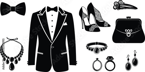 Elegant formal wear and accessories set, tuxedo suit, jewelry, high heels, clutch bag, vector fashion illustration for wedding, party, luxury design